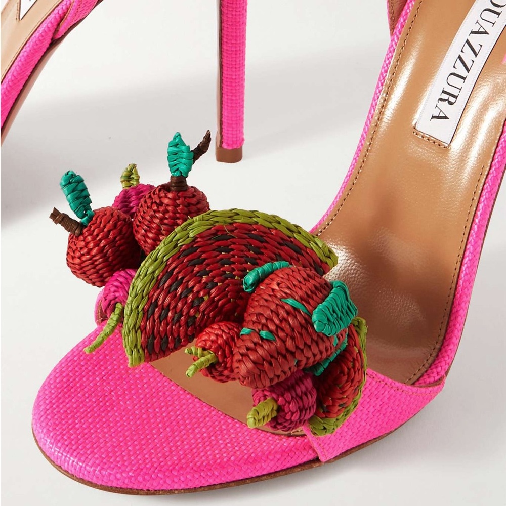 Worn once AQUAZZURA Strawberry Punch embellished raffia sandals 37 - Picture 6 of 14